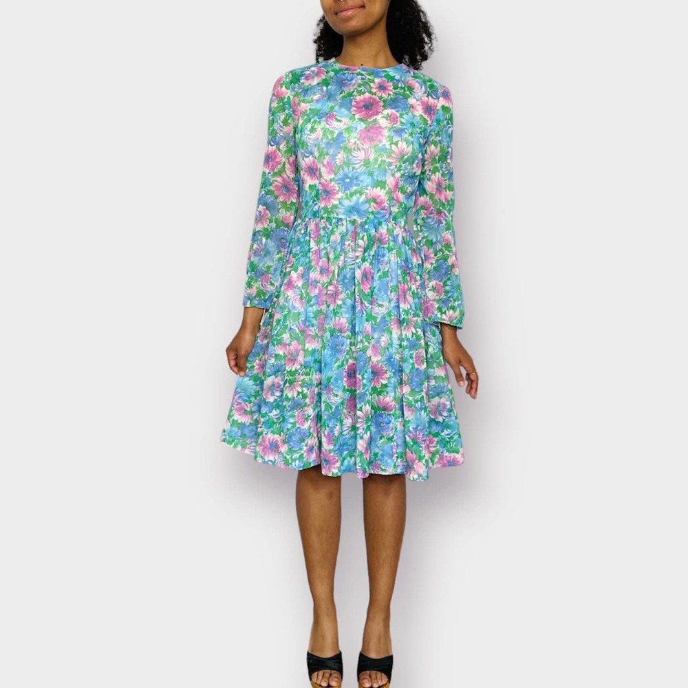 60s Pink and Blue Floral Dress - Picture 5 of 7